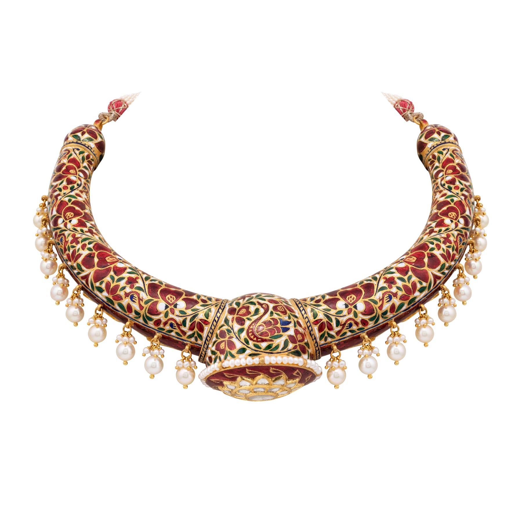 Floral Polki Hasli in Red Enamel with Pearl Drops